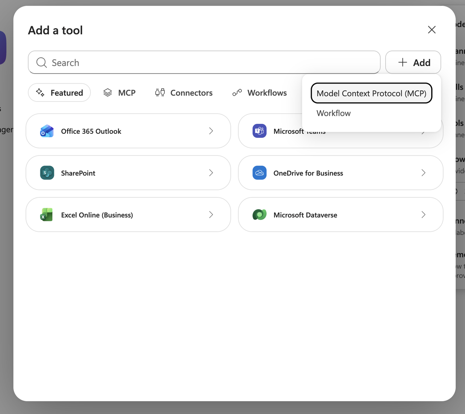 Add a tool → Add → Model Context Protocol (MCP)