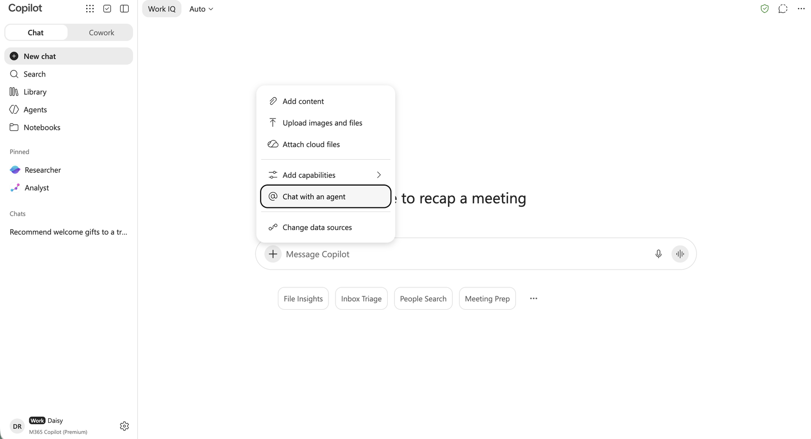 New chat → + → Chat with an agent