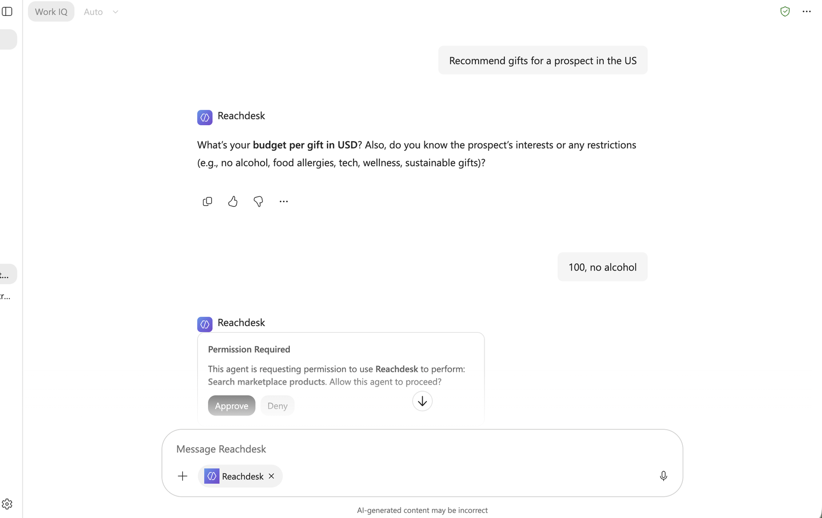 The agent asks for a budget, then requests permission to search marketplace products