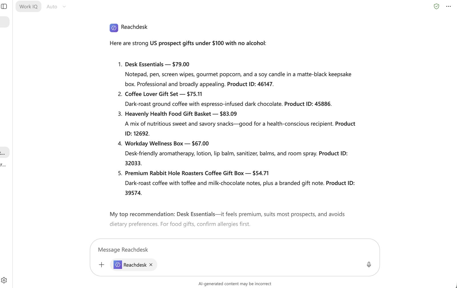 Gift recommendations returned by the Reachdesk agent