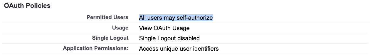 Figure 2: OAuth Policies after saving. Permitted Users shows All users may self-authorize.